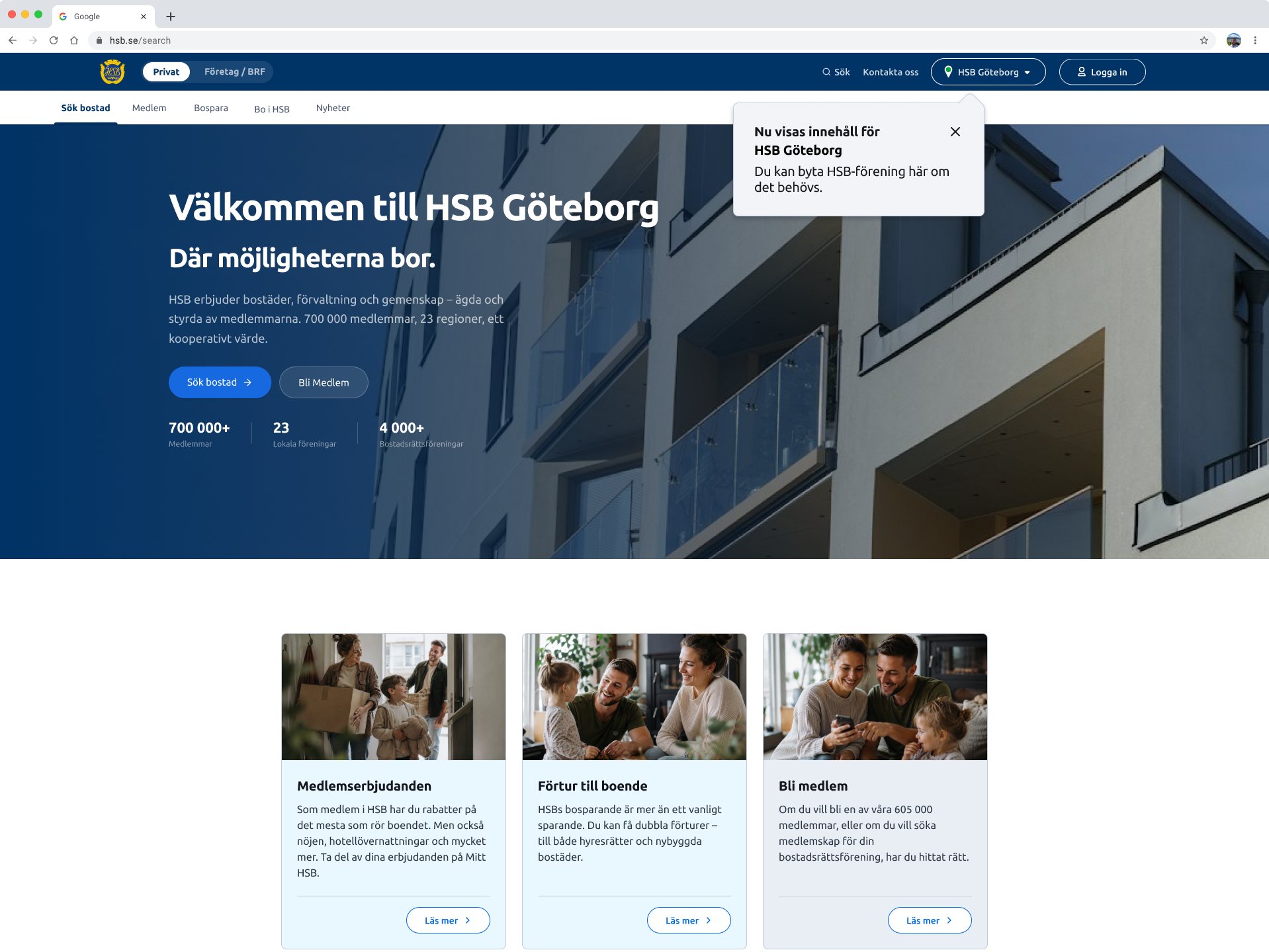 Vald region synlig i navigeringen tillsammans med en bekräftelse.