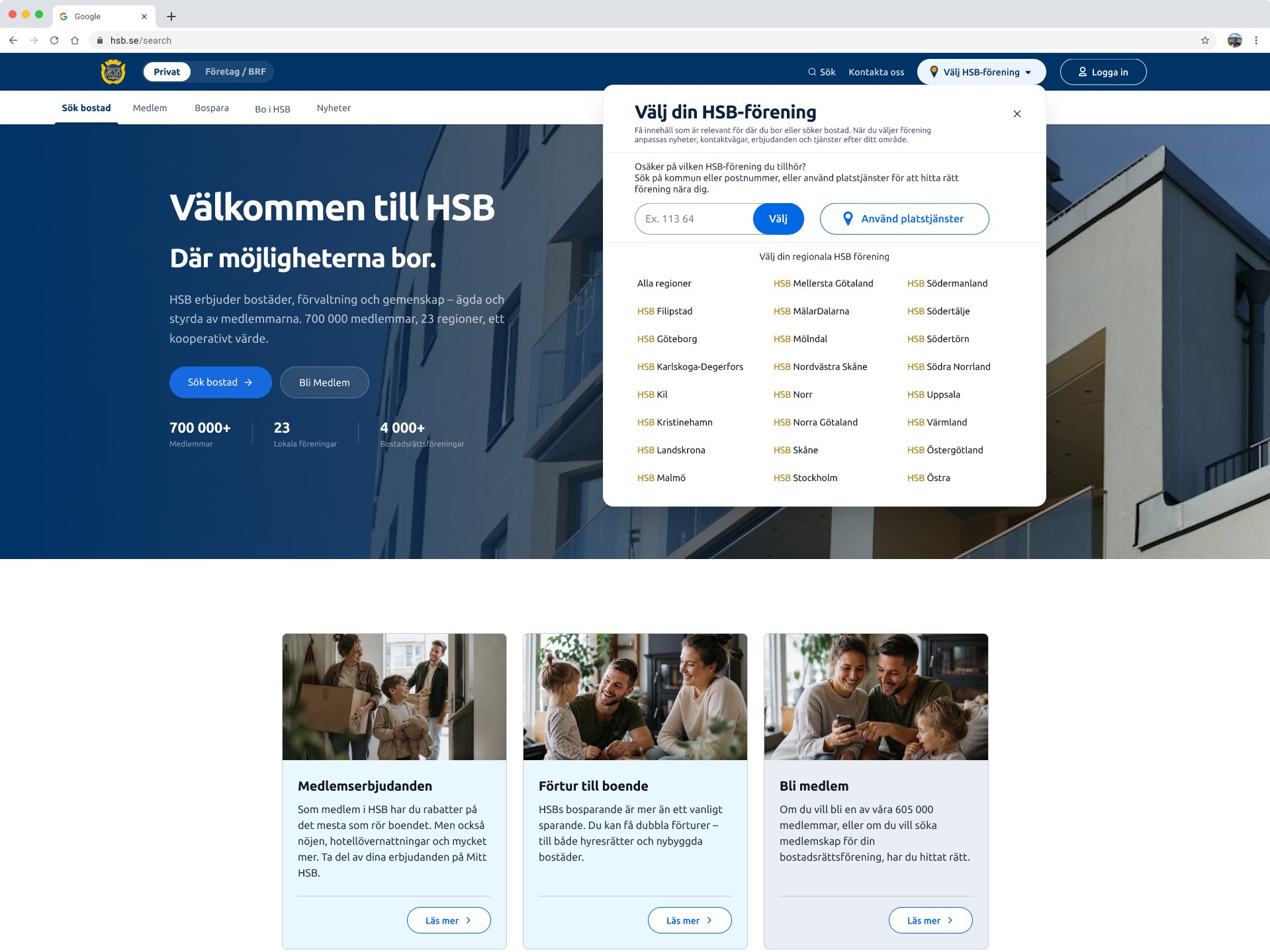 Prototyp av HSB.se med regionsväljaren öppen i toppnavigeringen.