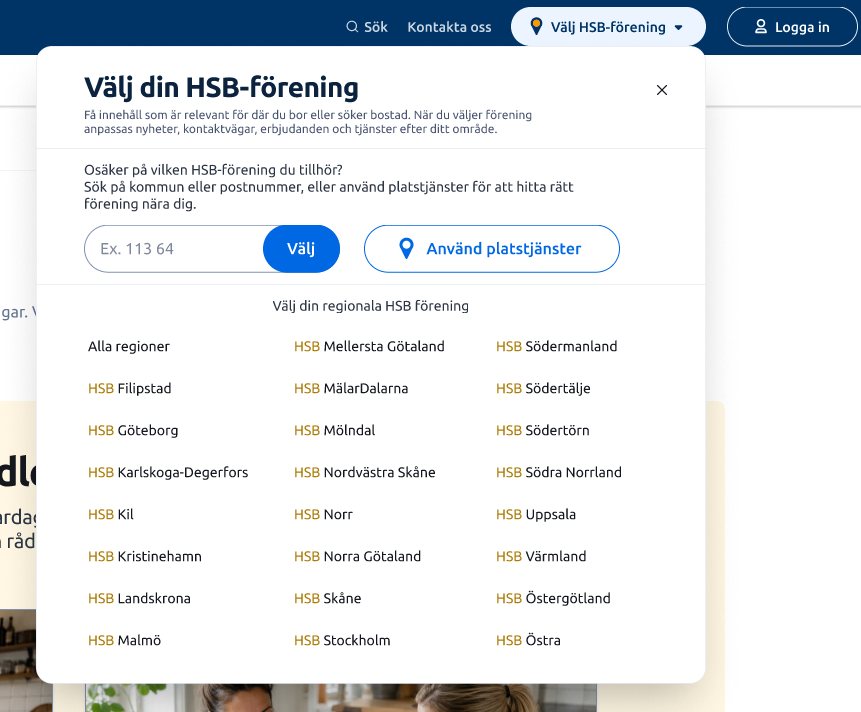 Närbild på regionsväljarens panel med kommun, postnummer, platstjänster och föreningslista.