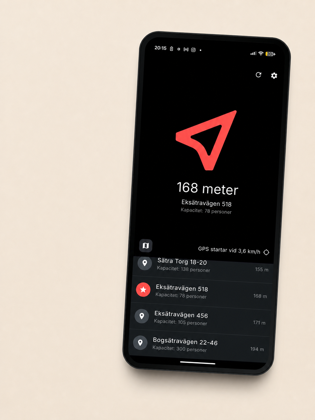 Skyddsrumskompassen visad i en Android-telefon mot en varm, ljus bakgrund.