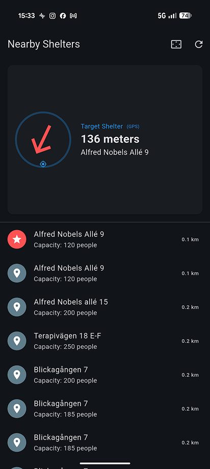 Tidig teknisk prototyp med kompass, mål och lista.