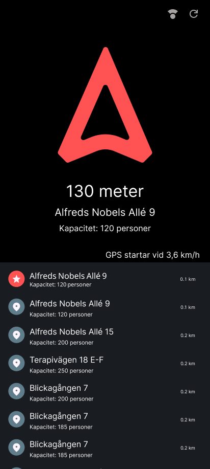 En senare mobilversion med kompasspil, avstånd och lista.