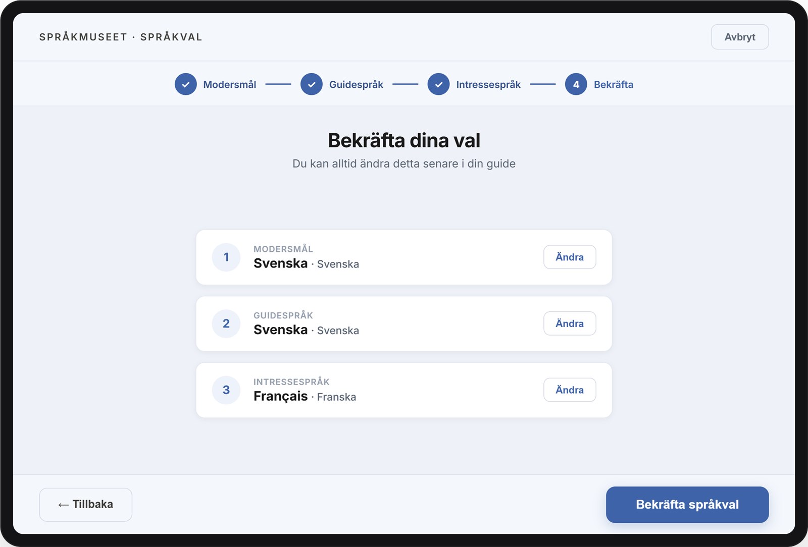 Granskningsskärm med modersmål, guidespråk, intressespråk och en genererad språkikon.