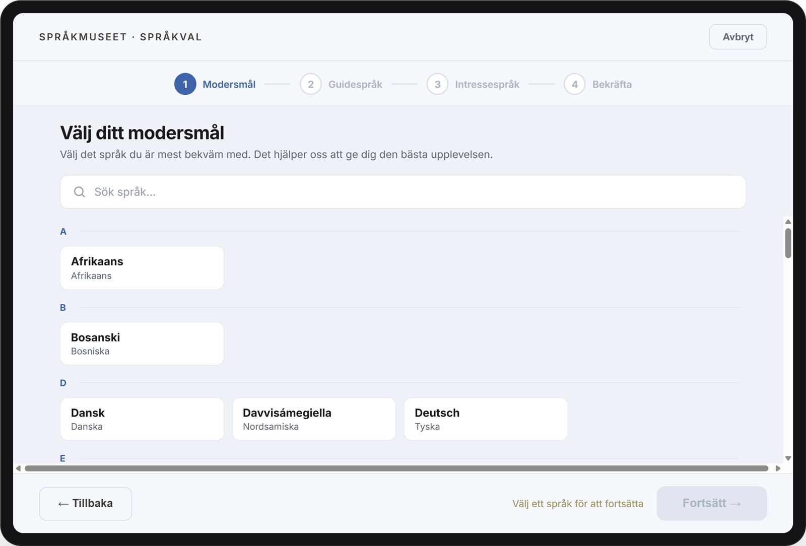 Sökbar språklista där besökaren väljer sitt modersmål.