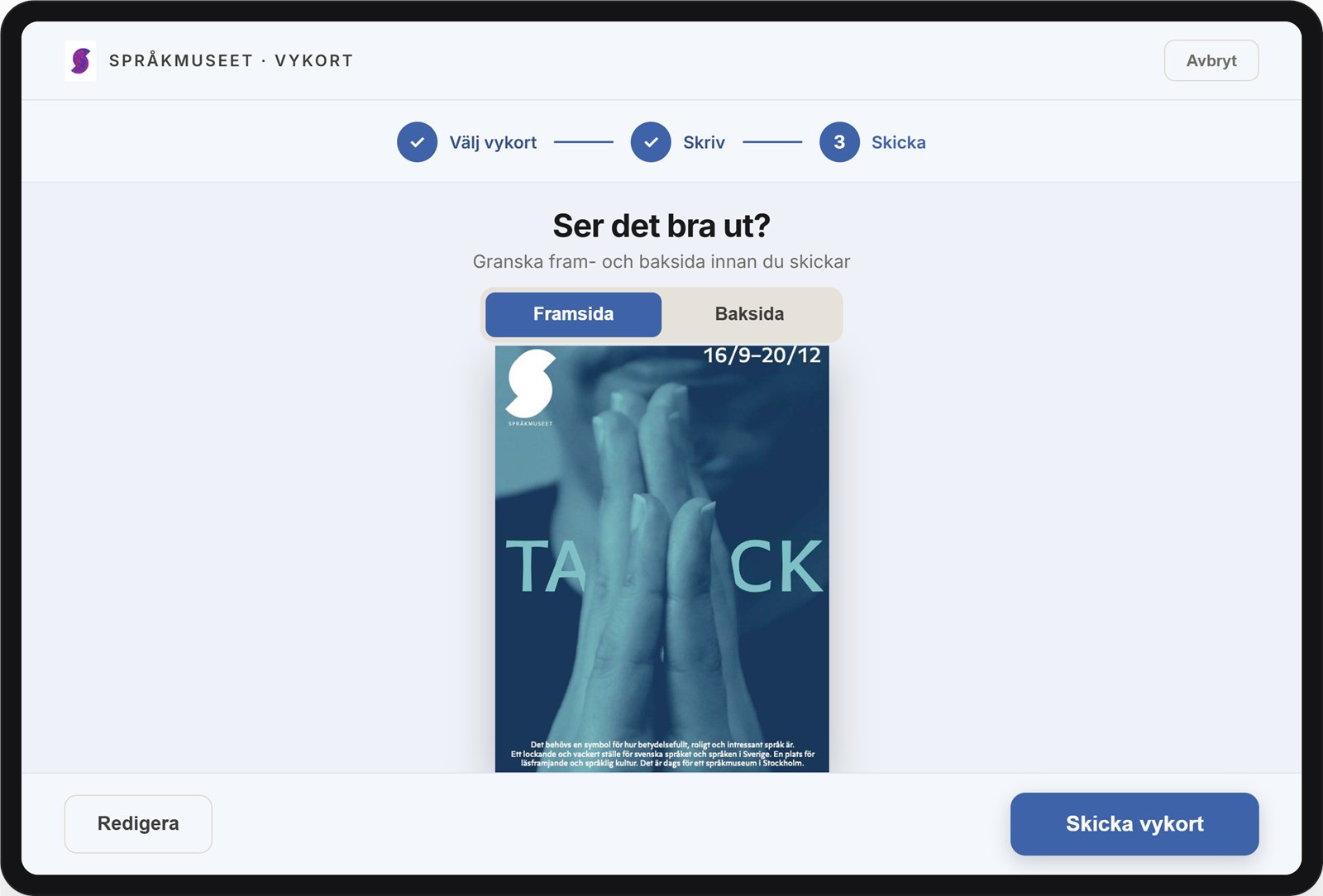 Förhandsgranskning av vykortets framsida innan det skickas.