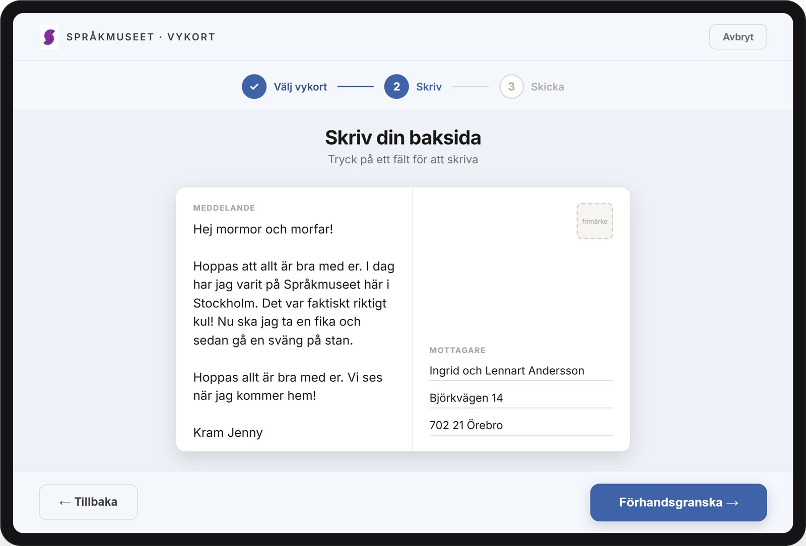 Ett skrivet vykort med meddelande, mottagare och adress.