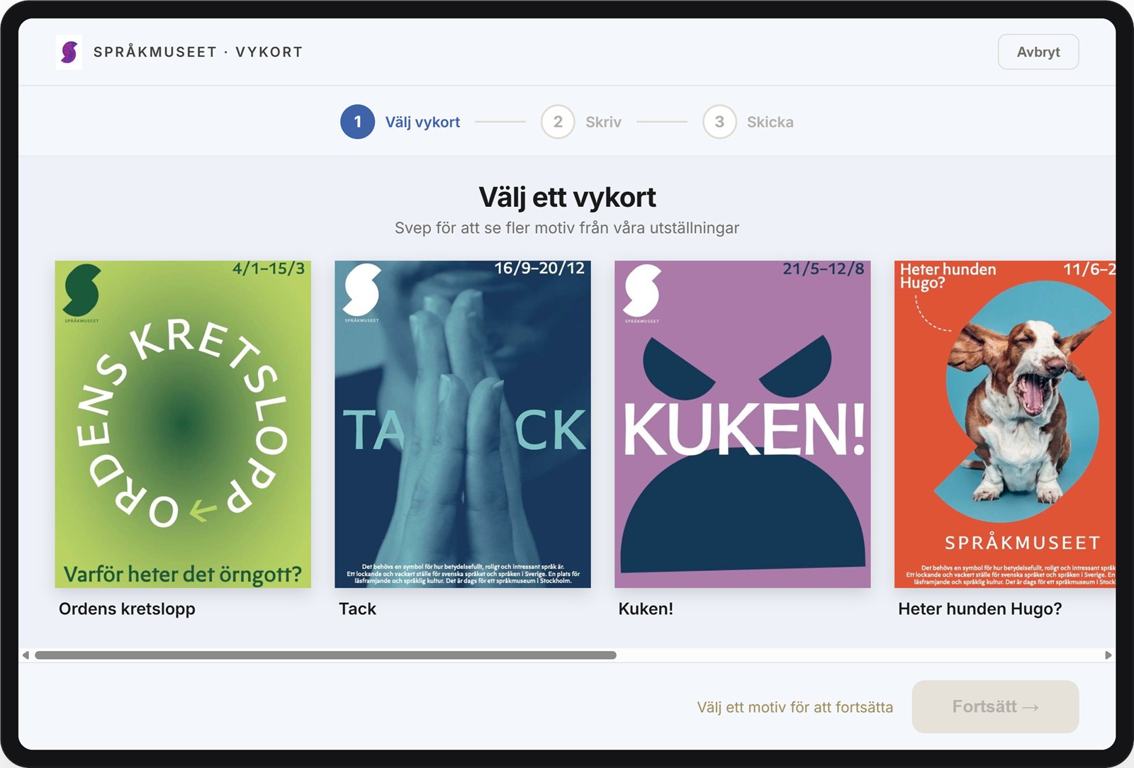 Vykortstjänstens första steg med flera motiv från museets utställningar.